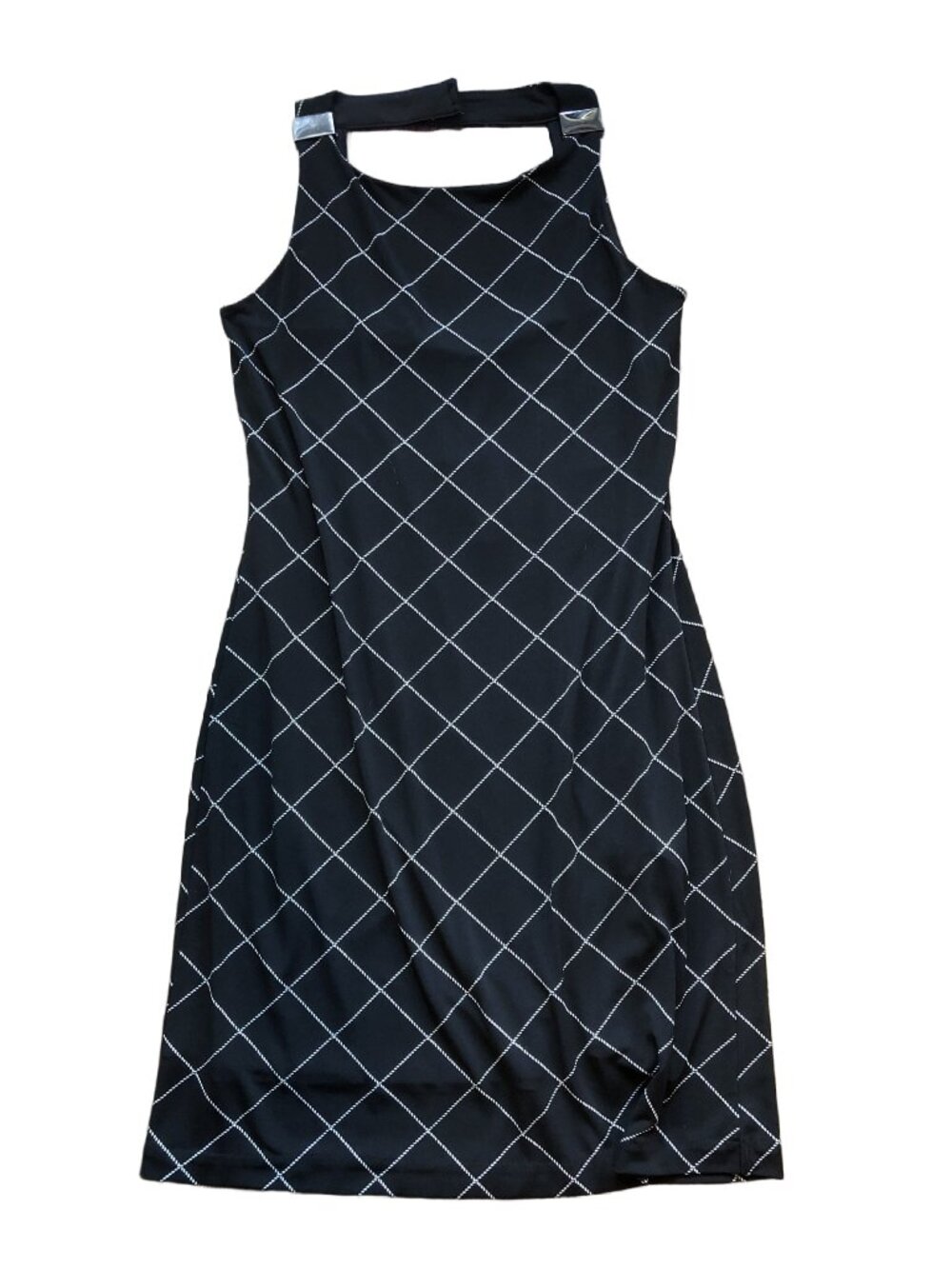 White House Black Market Window Weave Black Stretch Dress with Buckles